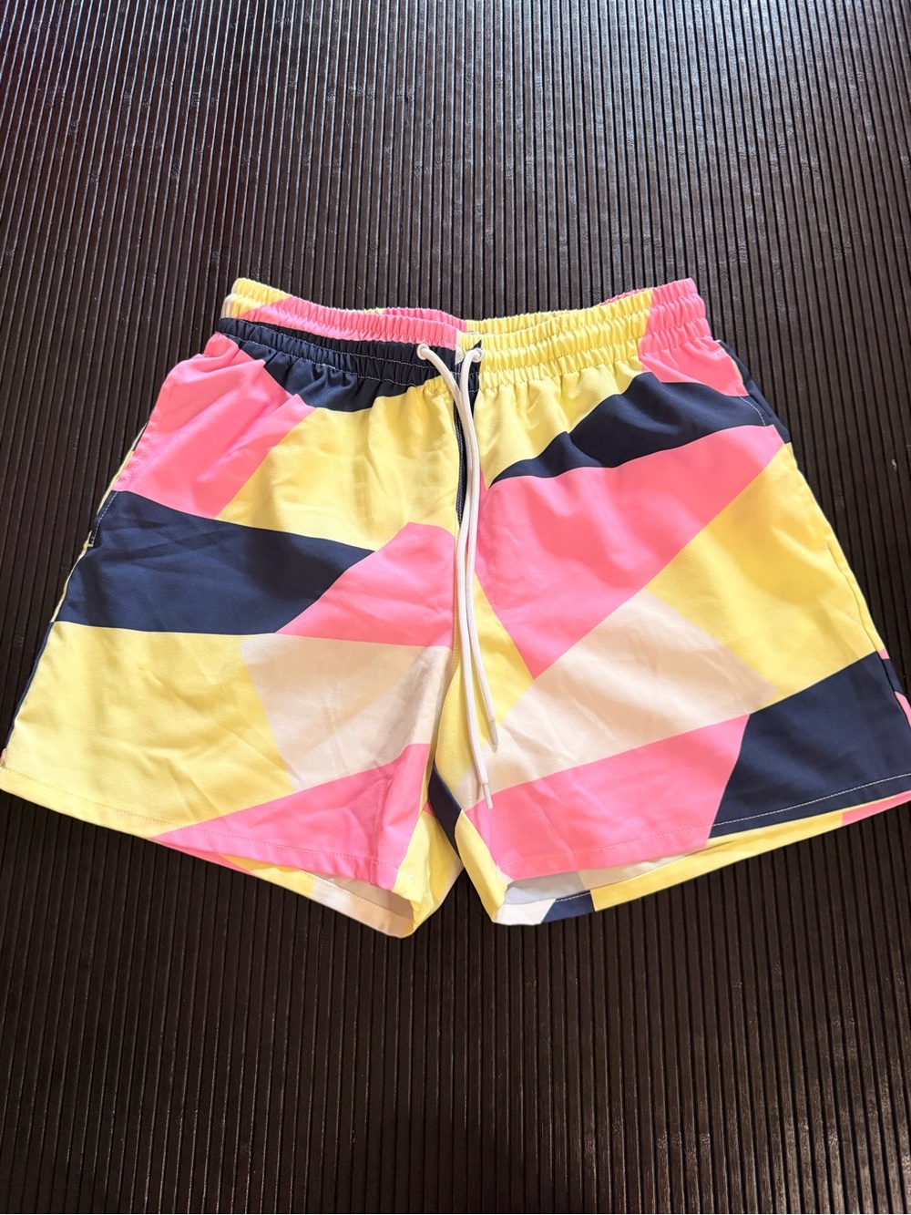 crown & ivy Bright Pink, Yellow & Navy Geometric Swim Trunks